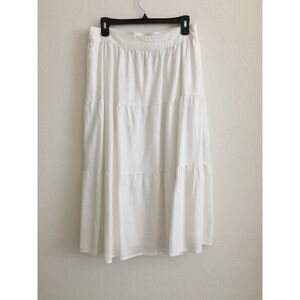 Matty M White Linen Blend Tiered Midi Skirt Size L Elastic Waist Pockets Lined